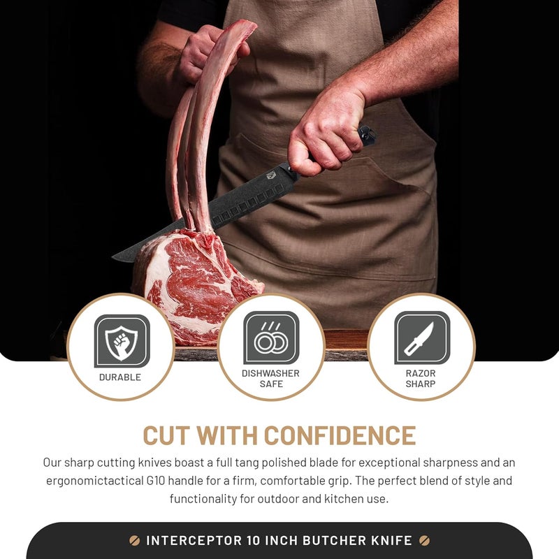 DFACKTO Interceptor 10 Inch Butcher Knife for Camping and Outdoor Kitchen - High Carbon Stainless Steel, Full Tang Tactical G10 Handle, Meat Cutter, BBQ, Chopping, Bone Cutting, Heavy Duty - Black - Image 2